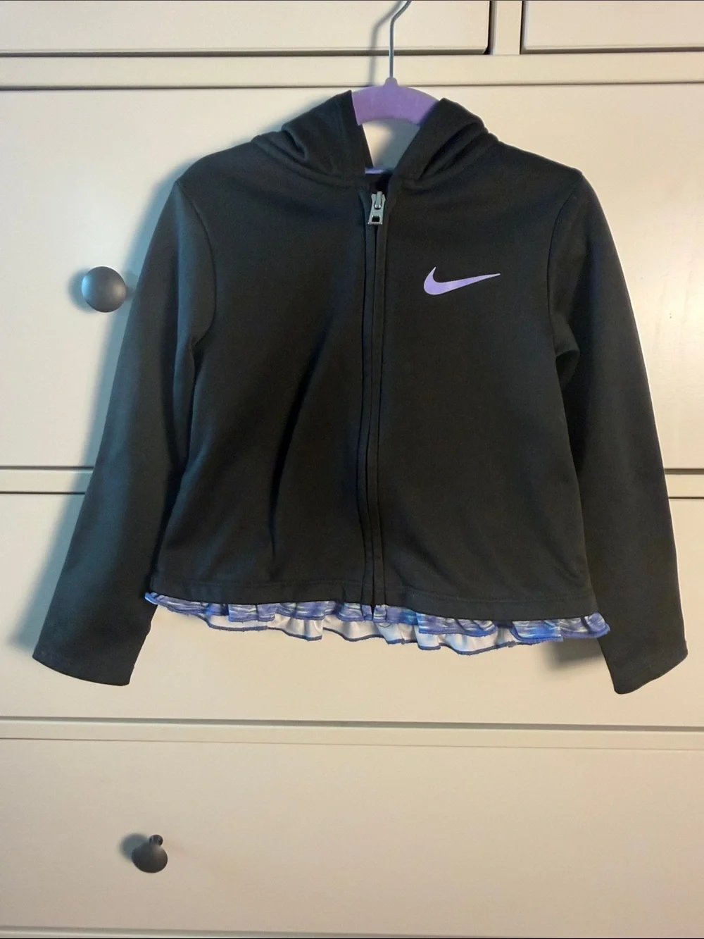 Nike Black Hoodie with Purple Swoosh and Blue/Purple Ruffle along the Bottom